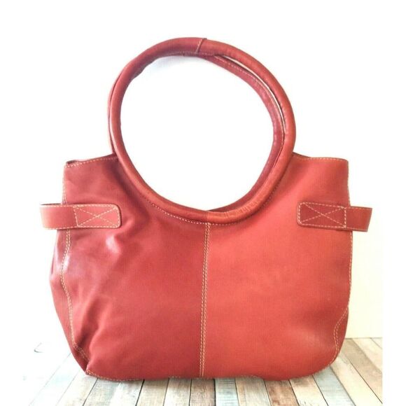ROOMY CHAUS MUTED RED GENUINE LEATHER ROUND HANDLES HOBO SHOULDER BAG HANDBAG - Picture 1 of 11